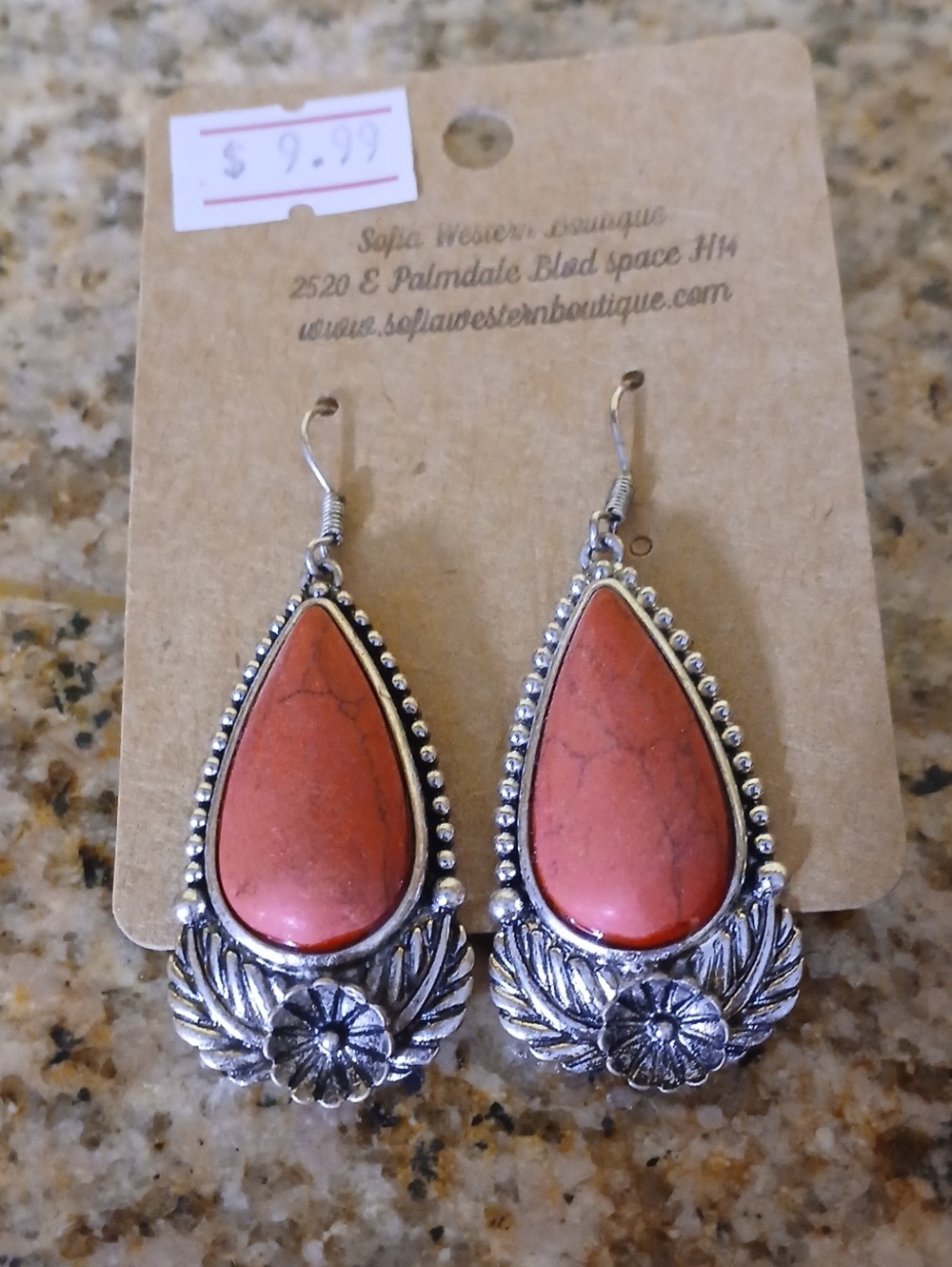 Handcrafted Teardrop Floral Earrings - Coral Red Stone